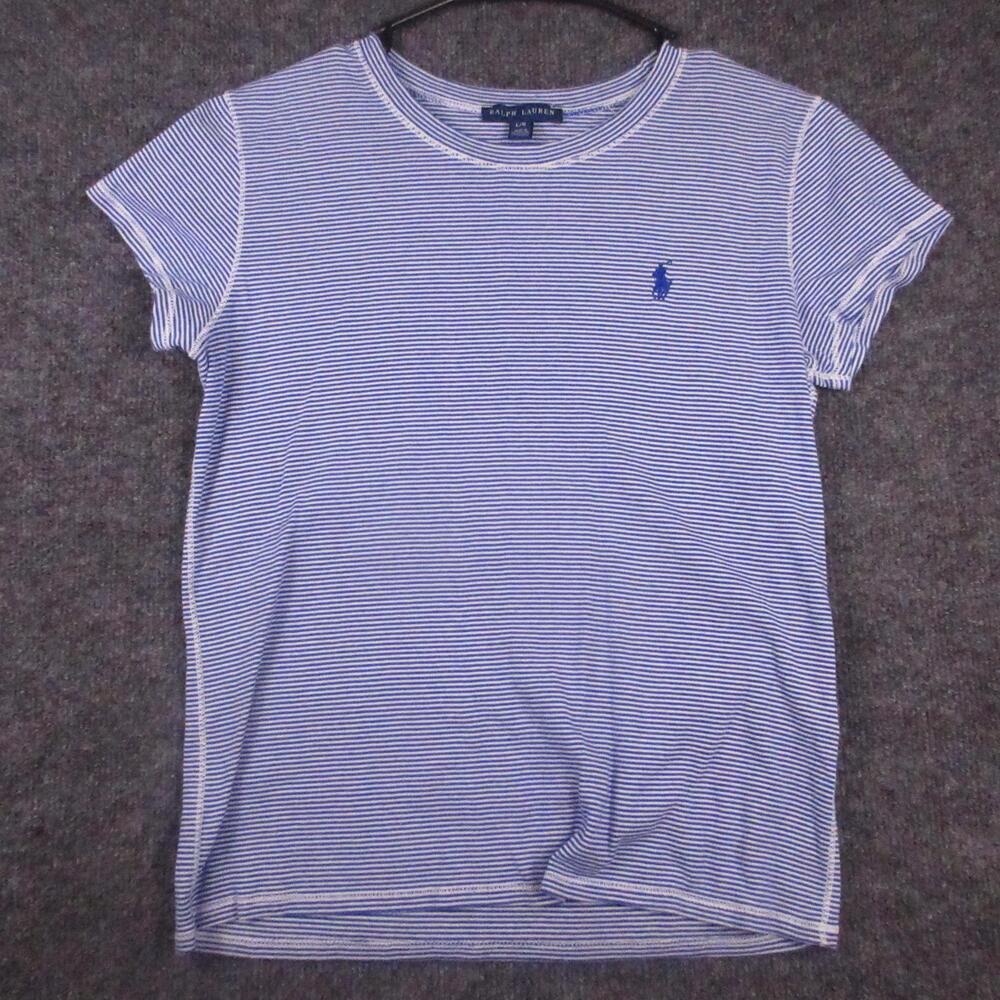 Ralph Lauren Shirt Womens Large Blue Stripe Crew Neck Short Sleeve Pony Tee Top